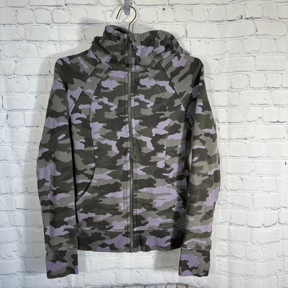 Lululemon Scuba Full Zip Hoodie Heritage Camo Jacquard Purple Green Women Size 6